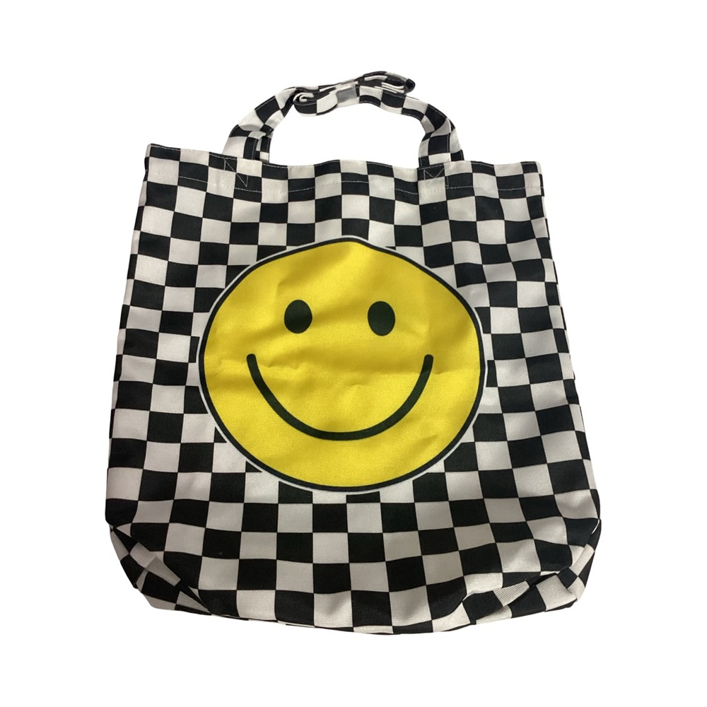 Peace Love & Vibes Smiley Face Tote Bag Black White Checkered Polyester Shopper